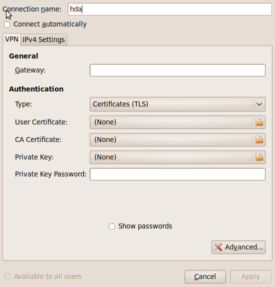 The VPN Connection profile dialog as it first appears
