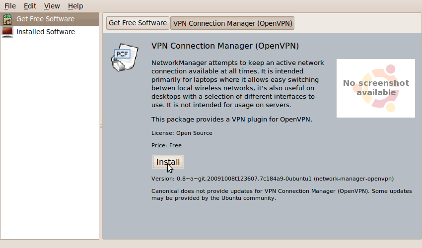 A description of the OpenVPN software to be installed, as well as the Install button.