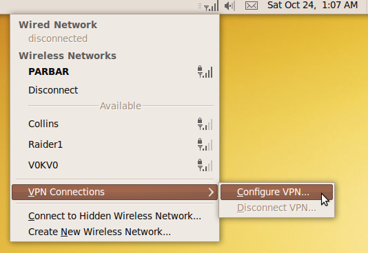 Locating the VPN Configuration option on the wireless-connection menu